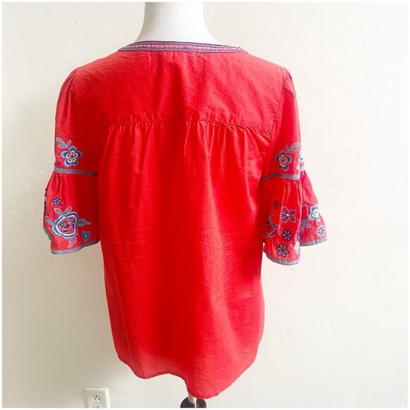 Beach Lunch Lounge Embroidered Bell Sleeve Blouse Size Small Tie Neck Coral Boho - Picture 4 of 10